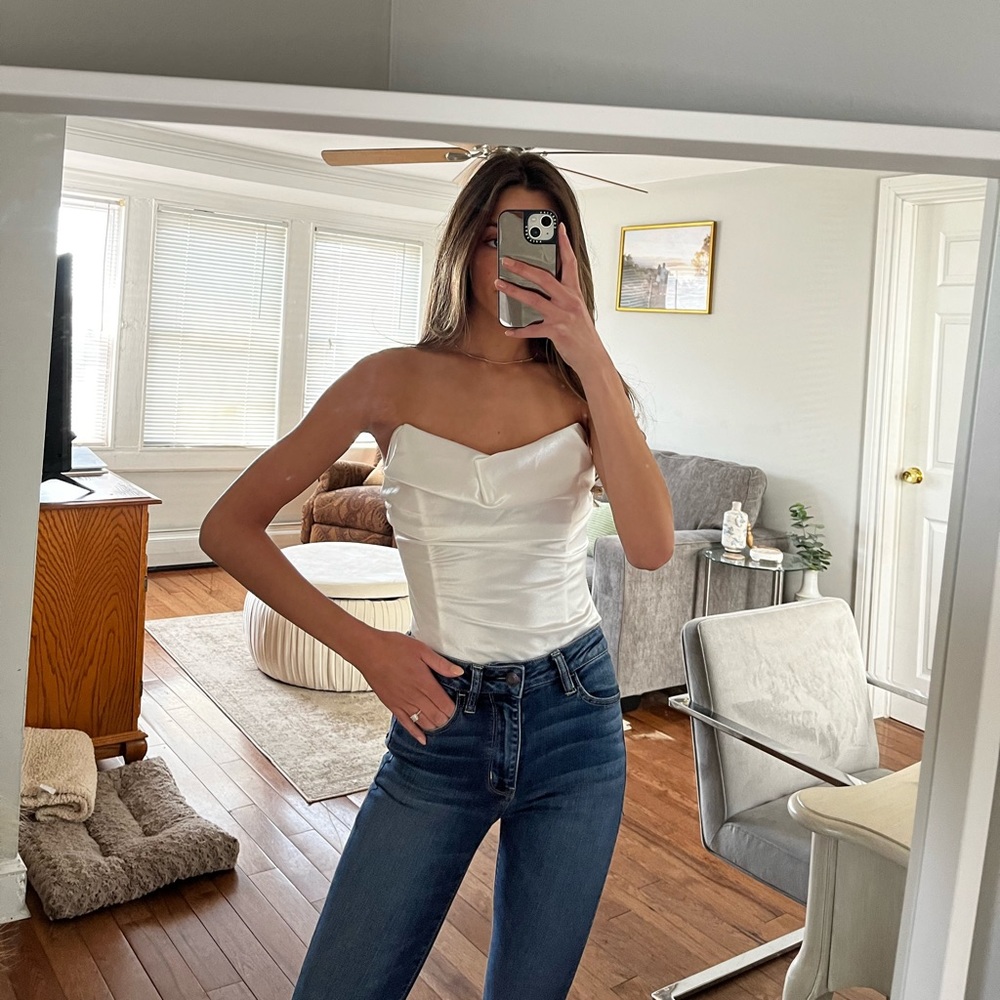Revolve Lovers and Friends White Satin Busiter Top Cowl adjustable strapless